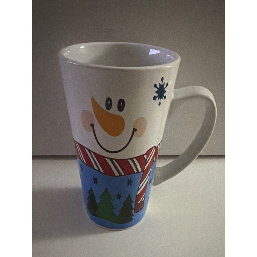 Century Snowman Latte Mug Ceramic Christmas Holiday Coffee Cup Blue White Scarf
